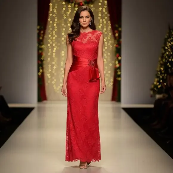 Rickie Freeman Teri Jon Gown Women's Size 2 Red Lace Formal Party Maxi Dress - Picture 3 of 16